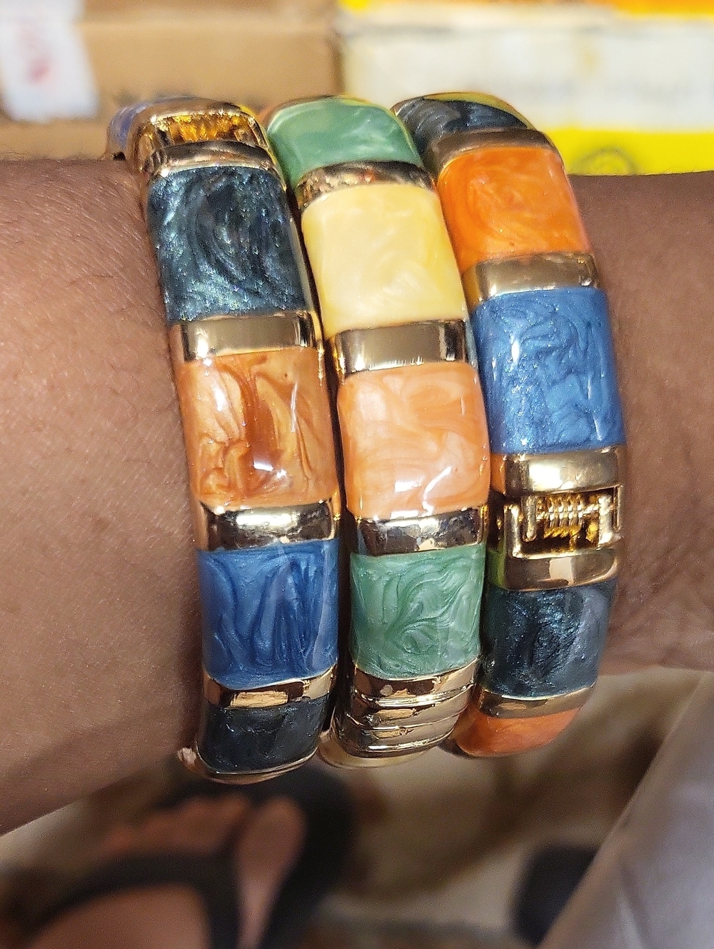 Set Of 3 Colorful Enamel Tile Stretch Bracelet - Multicolor 18k Gold Plated